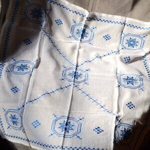 Blue & White - Hand Embroidered - Tablecloth - Table Topper - 25" x 25"